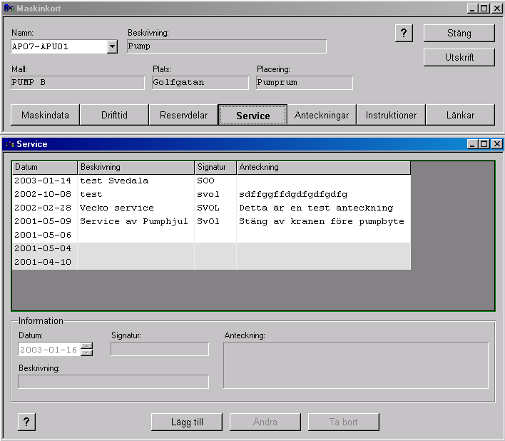 1.4.5 Service Under denna flik visas information om när maskinobjektet servats.