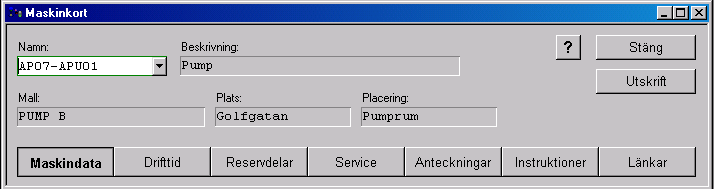 1.4.1 Maskinkortshuvud. Maskinkortshuvudet innehåller maskinkortets namn och en beskrivande text för maskinobjektet.