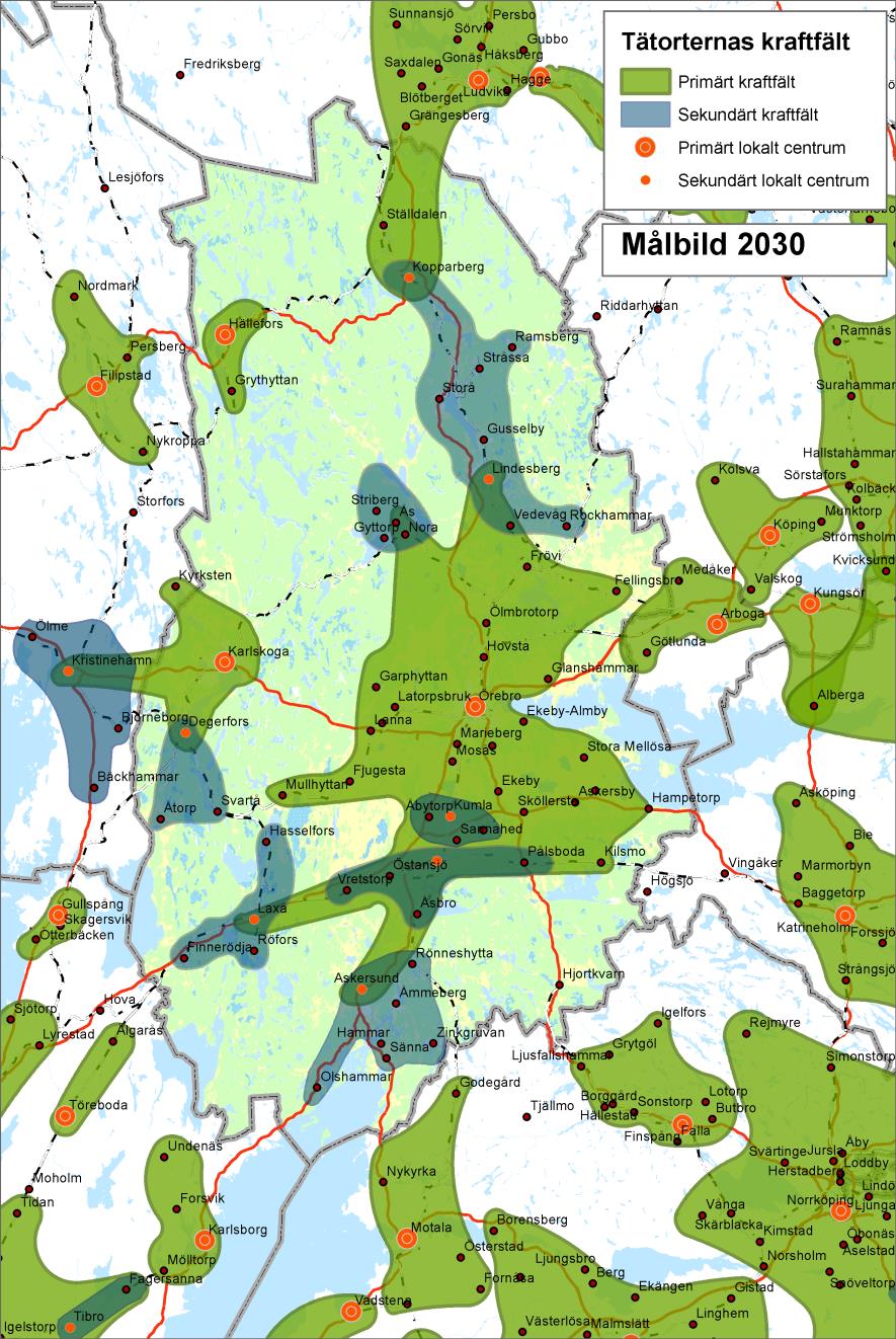 Större och tätare arbetsmarknadsområden Läge 2030 efter åtgärder En förutsättning för att skapa en bättre arbetskraftsförsörjning, möjlighet till kvarboende på landsbygd och i mindre orter, ökande