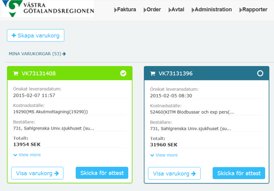 Samtliga ikoner utom Huset ersätts med Drop-down meny under gubben. Om Mina aktiviteter har en siffra bakom sig betyder det antal aktiviteter, t.ex. ny varukorg, faktura för attest m.m. Den första siffran inom parentes är hur många varukorgar du har och siffran i grönt anger antal produkter i markerad varukorg.