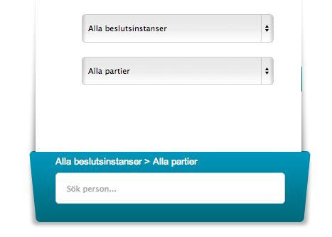 8.4 Sök person Om användaren vill söka en person skriver användaren in namnet på personen i sökrutan. Användaren kan även begränsa sin sökning till en viss nämnd och ett visst parti.