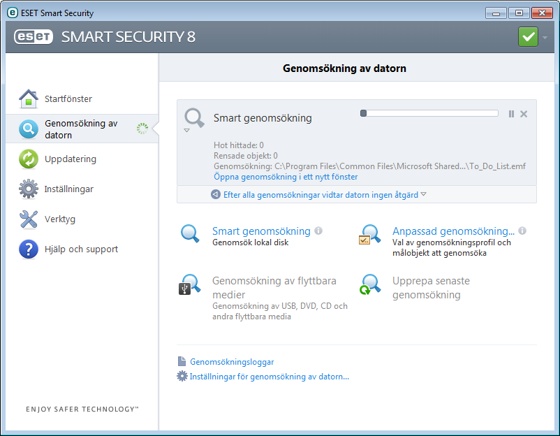 installerats visar ESET Smart Security ett meddelande i systemfältsområdet och i programmets huvudfönster.