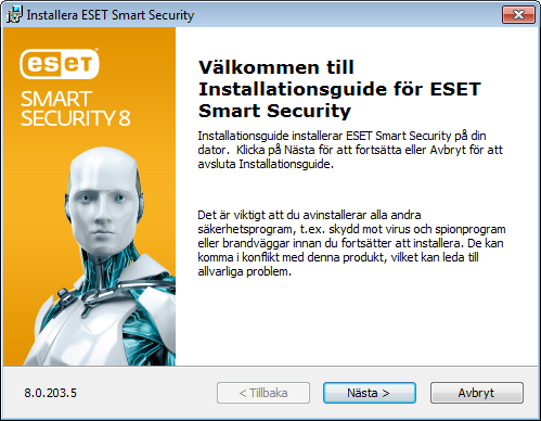 Installation Starta installationen Du kan starta installationsguiden på ett av följande sätt: ESET Smart Security innehåller komponenter som kan komma i konflikt med andra antivirusprodukter eller