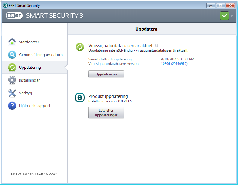 I huvudfönstret för ESET Smart Security klickar du på Uppdatering i huvudmenyn till vänster och sedan på Uppdatera nu.