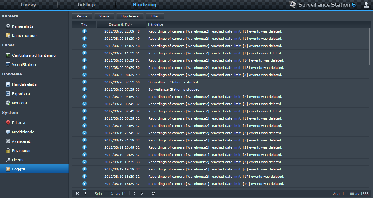 Bruksanvisning för Synology RackStation Visa loggfiler Gå till System > Loggfil under Hantering för att se och hantera loggposter för kritiska händelser såsom att kameran kopplats ifrån