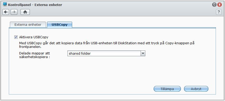 Bruksanvisning för Synology RackStation 2 Gå till Huvudmeny > Kontrollpanelen > Nätverkssäkerhetskopiering > Time Backup, markera Aktivera tjänsten Time Backup och klicka sedan på Tillämpa.