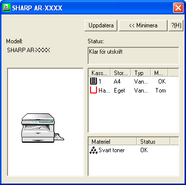 SKRIVARVERKTYG (WINDOWS) Använda skrivarfunktionerna (del 3) Kontrollera skrivarstatusen Med hjälp av Printer Status Monitor kan man kontrollera om det finns tillräckligt med toner och papper i