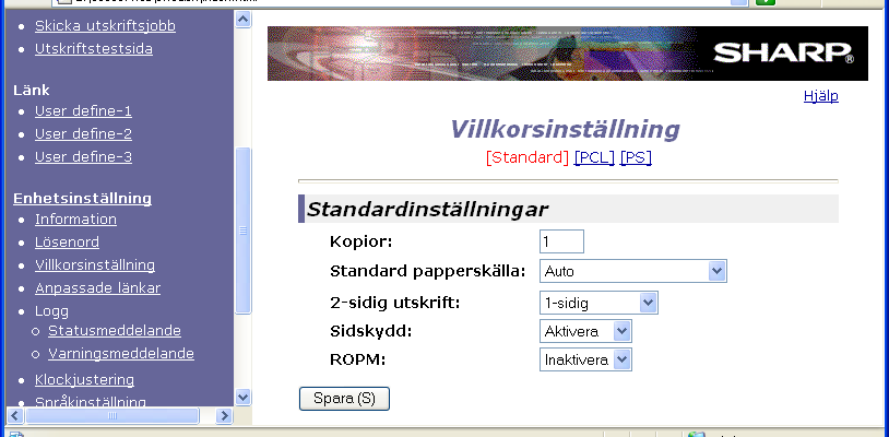 4 WEBBPLATSEN I MASKINEN Konfigurera skrivarens villkorsstyrda inställningar (del ) Hur man konfigurerar inställningarna För att visa skärmen för Villkorsstyrda Inställningar, klicka på