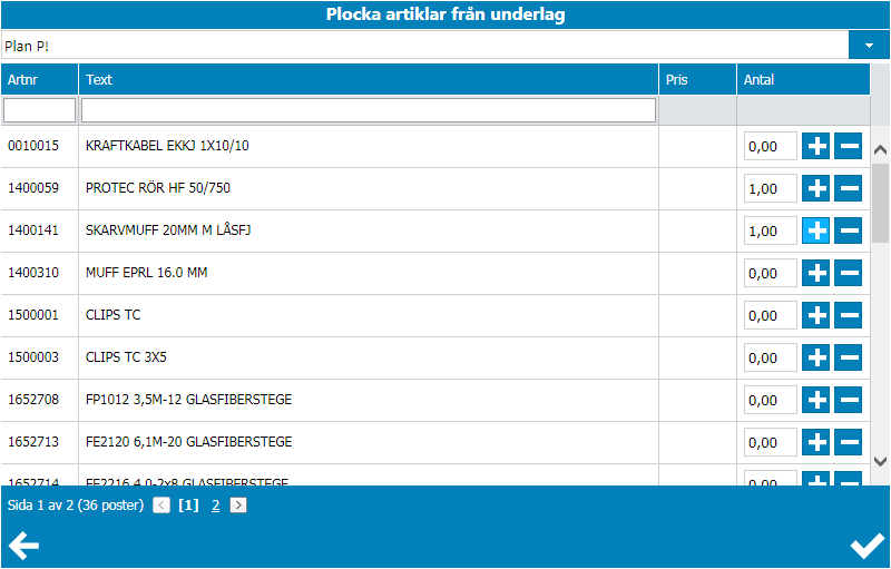 Funktioner i artikelregistrering Nedan följer en kortfattad beskrivning av symbolerna i orderregistreringen. Alla funktioner beskrivs mer utförligt i kommande avsnitt.