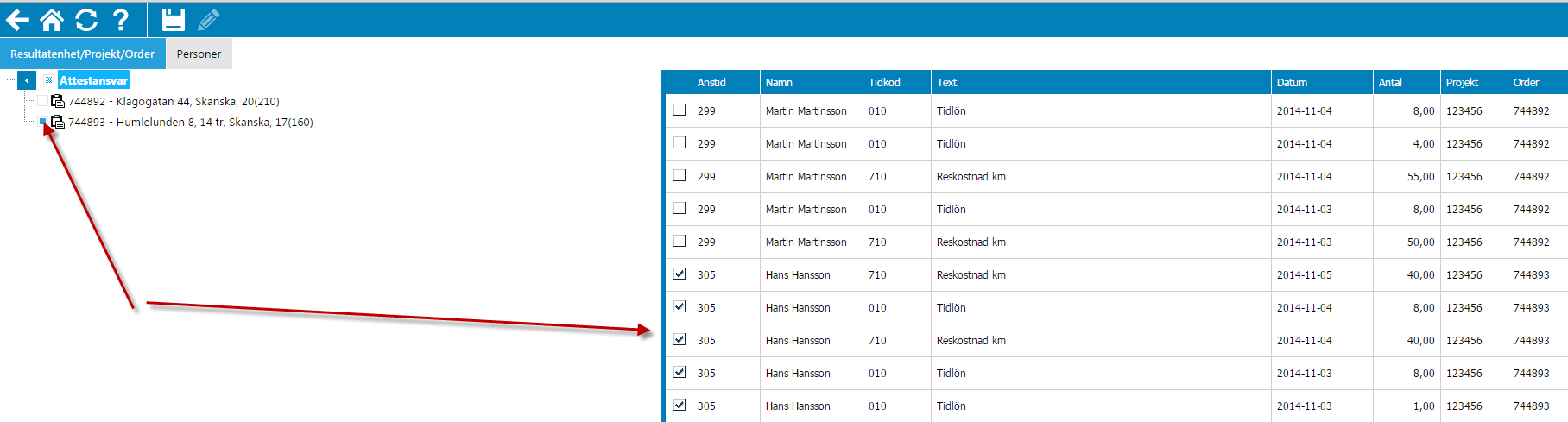 Attestering på Resultatenhet/Projekt/Order Under fliken Resultatenhet/Projekt/Order visas i vänstra delen de resultatenheter, projekt eller order man har attestansvar för.