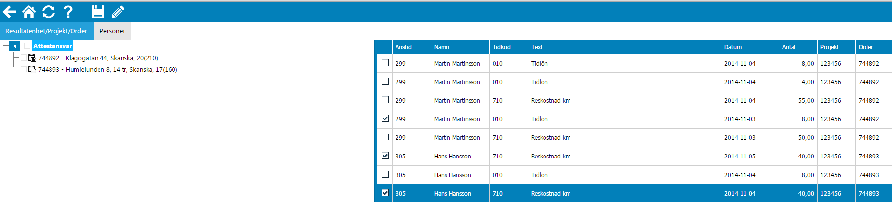 Alternativ 3 markera enskilda tidsrader för attest När man har markerat de rader som ska attesteras trycker man på varpå raderna attesteras i det steget