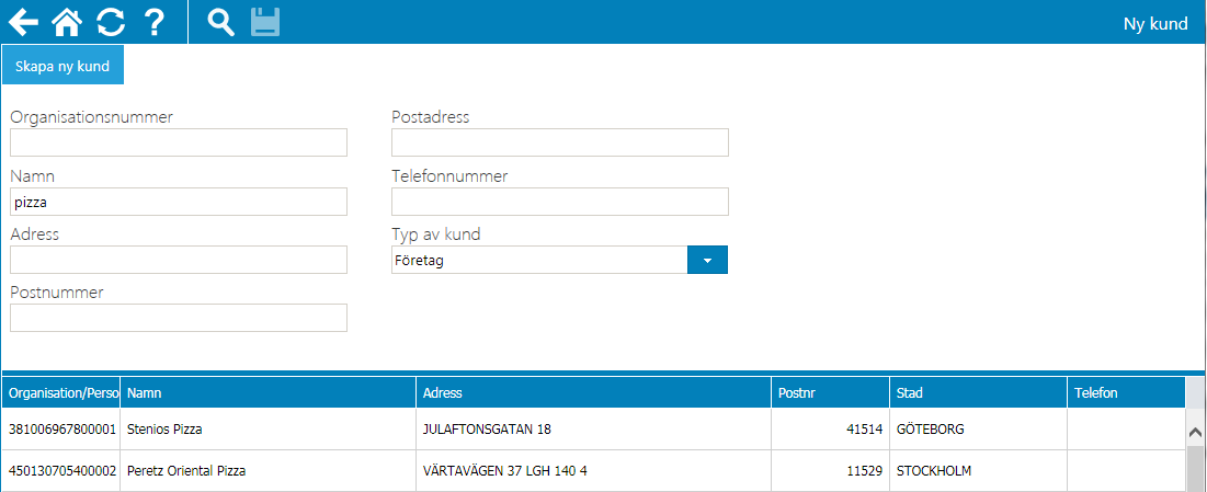 Skapa ny kund Tryck på symbolen för att skapa en ny kund och fyll i mallen. Vilka uppgifter (mall) som visas avgörs av grundinställning 283 i Entré.