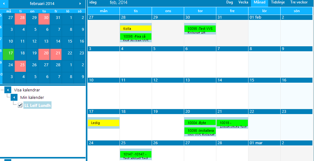 Funktioner i Tidplanering Den dag du markerar i kalendern till vänster (grön) visas som första dag i kalendervyn till höger. Vill du hoppa till idag, trycker du på idag högst upp.