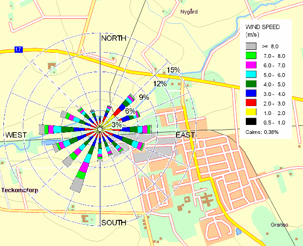Figur 2. Vindros för Teckomatorp 2005-07-26 2006-12-31. Observationerna utgår från väderstationen i BT Kemi-områdets västra del. 3.6.2 Spridning av lukt Beräkningarna baserar sig på luktspridning från en källa med luktstyrkan 0,5 le/m 2 *s och en yta av 200 resp.