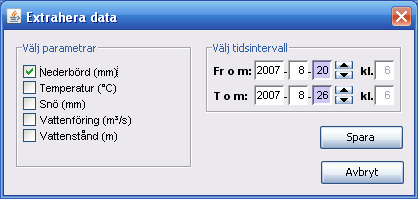 Extrahera data öppnar dialogen i Figur 8 och ger dig möjlighet att ladda hem en ASCIIfil med observerad data hämtad från SMHI.