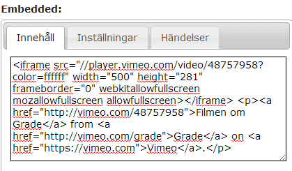 6.5. Embedded Mallkategori: Presentation Med den här mallen man kan bädda in material från andra sidor på internet. Det vanligaste är att man bäddar in video, t ex från YouTube eller Vimeo.