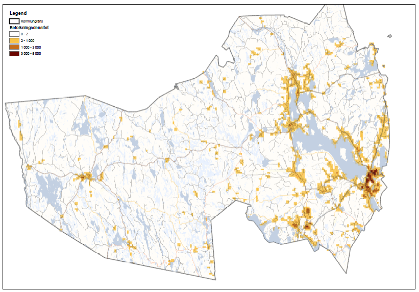 En snabb blick på en kommunkartan för Ludvika som visar befolkningstätheten tyder på att kommunen kan indelas i två distinkta delar: Befolkningstäthet i Ludvika kommun.