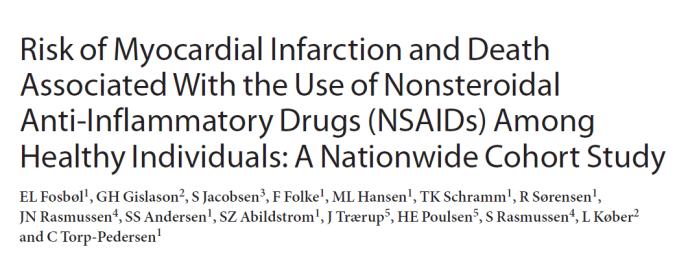 Diklofenak och Cox-2 hämmare medför en ökad risk för död eller hjärtinfarkt hos hjärtfriska Risk of death or myocardial infarction.