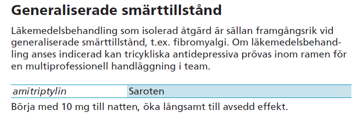 Smärta SNRI Duloxetin Milnacipran SSRI TCA Amitriptylin 0.2-0.5: Liten effekt 0.5-0.