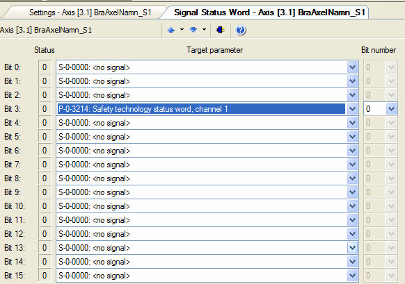 6. Välj in P-0-3214: Safety technology status word, channel 1 bit 0 på en ledig plats i listan.