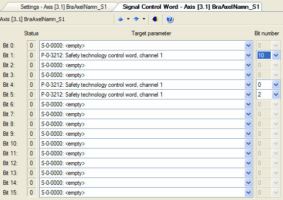 11. Lägg till P-0-3212: Safety technology control word, channel 1 bit 0, bit 2 och bit 10 på lediga platser i listan I exemplet ovan har bit 1,4 och 5 i S-0-0145 valts så att bitnumren matchar