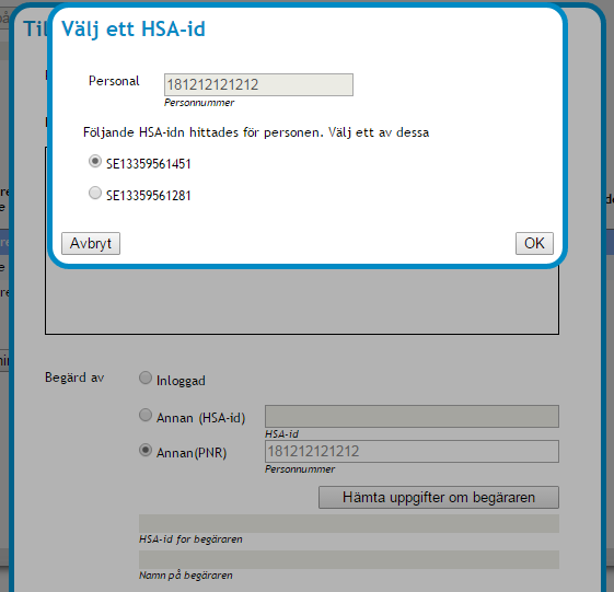 4. Börja med att ange vem den tillfälliga hävningen är Begärd av. Förvald begärare är den inloggade medarbetaren. Dennes uppgifter är förifyllda i fälten HSA-id för begäraren och Namn på begäraren.