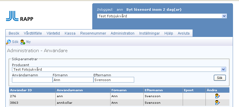 33 Administration Under denna huvudflik sköts all administration av Rapp användare.