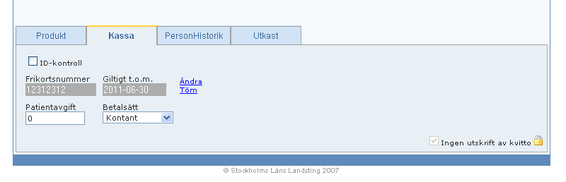 42 Om man inte vill att bild med kassakvitto visas vid varje skickad registrering klicka i ruta för Ingen utskrift av kvitto.