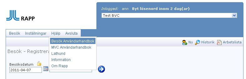 7 Användarhandbok och Lathund Efter du har loggat in i Rapp får du tillgång användarhandboken.