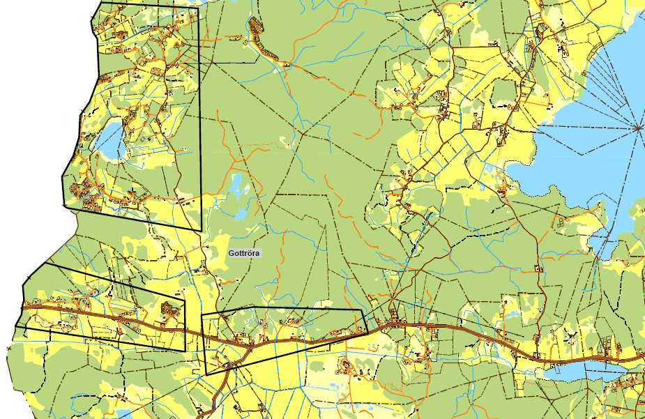 Figur 3. Områdena Gottröra A, B och C markerade i kartan. Gottröra A ligger i sydväst, Gottröra B i nordväst och Gottröra C i sydöst (Solen, Elin Eklund, Norrtälje kommun).