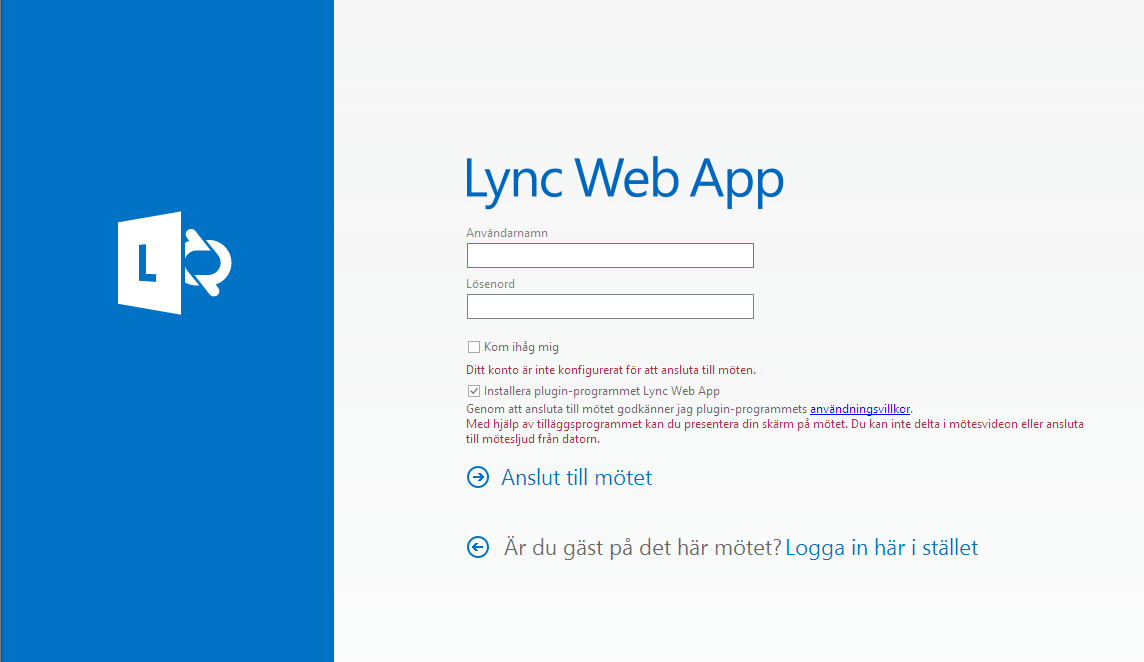 Ansluta till möte som gäst via Lync Web App Kontrollera innan du ansluter till mötet att ljud och kamera på din dator är inkopplade och fungerar. 1.