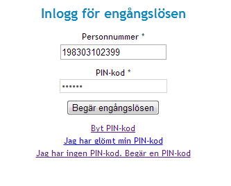 4. Inloggning i Pascal Mata in ditt personnummer 11 och din valda PIN-kod 12 och trycker sedan på Begär engångslösen 13.