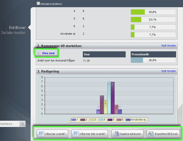 Enkäter Enkätsvar När du har publicerat enkäten går det att visa svaren via ikonen statistik från bland annat startsidan Statistiken för en enkät innefattar hur mottagarna svarat och även vilka