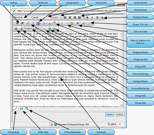 46 9.1 Epostservice Översikt Editorns utformning Nedan presenteras de många funktioner som finns tillgängliga i editorn.