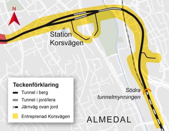 Entreprenad Korsvägen startar i väster i bergtunnel som övergår i stationsutrymmet.