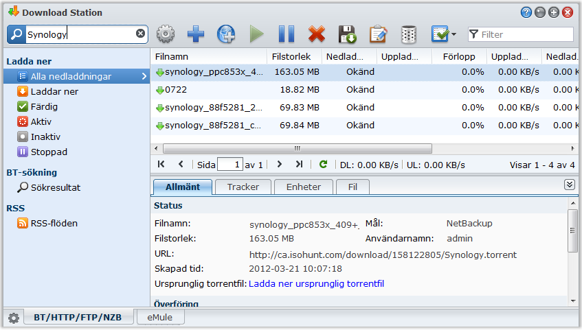 Kapitel Ladda ner filer med Download Station Kapitel 14: 14 Download Station är en webbaserad nerladdningsapplikation som tillåter nedladdning av filer från Internet via BT, FTP, HTTP, NZB och emule.