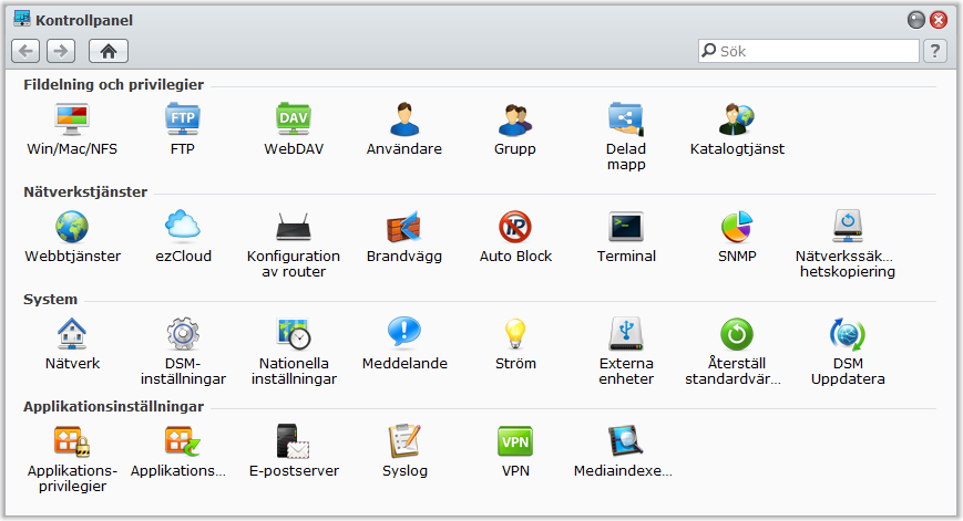 Öppna applikationsfönster Bruksanvisning för Synology DiskStation Förutom Kontrollpanel innehåller Huvudmenyn miniatyrbilder av alla andra DSM-applikationer.