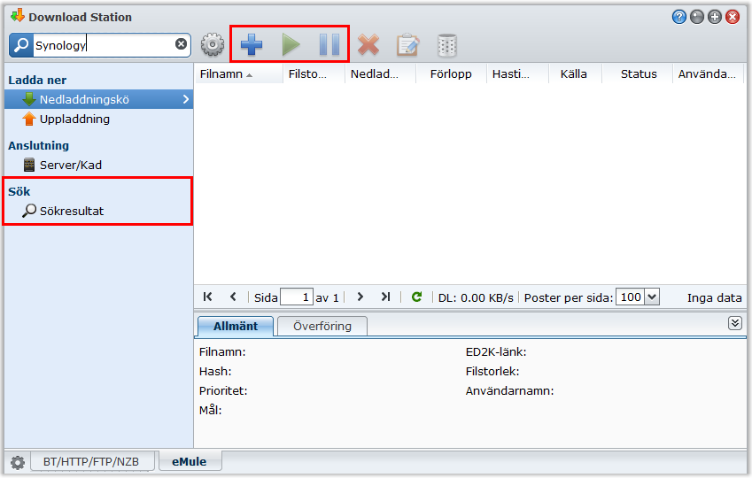 Bruksanvisning för Synology DiskStation Skapa nedladdningsuppgifter i emule Detta avsnitt förklarar hur du skapar nedladdningsuppgifter i emule.