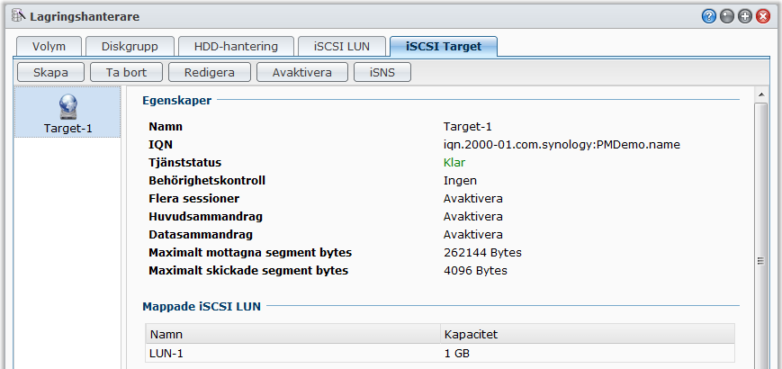 Bruksanvisning för Synology DiskStation Hantera iscsi Target med Lagringshanteraren Gå till Huvudmeny > Lagringshanterare och klicka på fliken iscsi Target för att hantera iscsi Targets på din