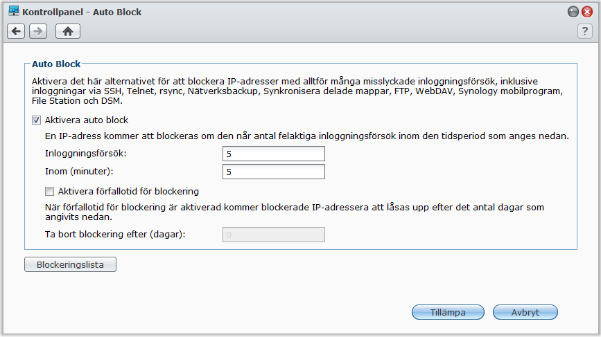 Bruksanvisning för Synology DiskStation 4 Ange käll-ip-adress i avsnittet Käll-IP.