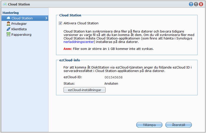 Synkronisera filer med Cloud Station Bruksanvisning för Synology DiskStation Cloud Station är en fildelningstjänst som gör att du kan använda din Diskstation som ett filsynkroniseringscenter för