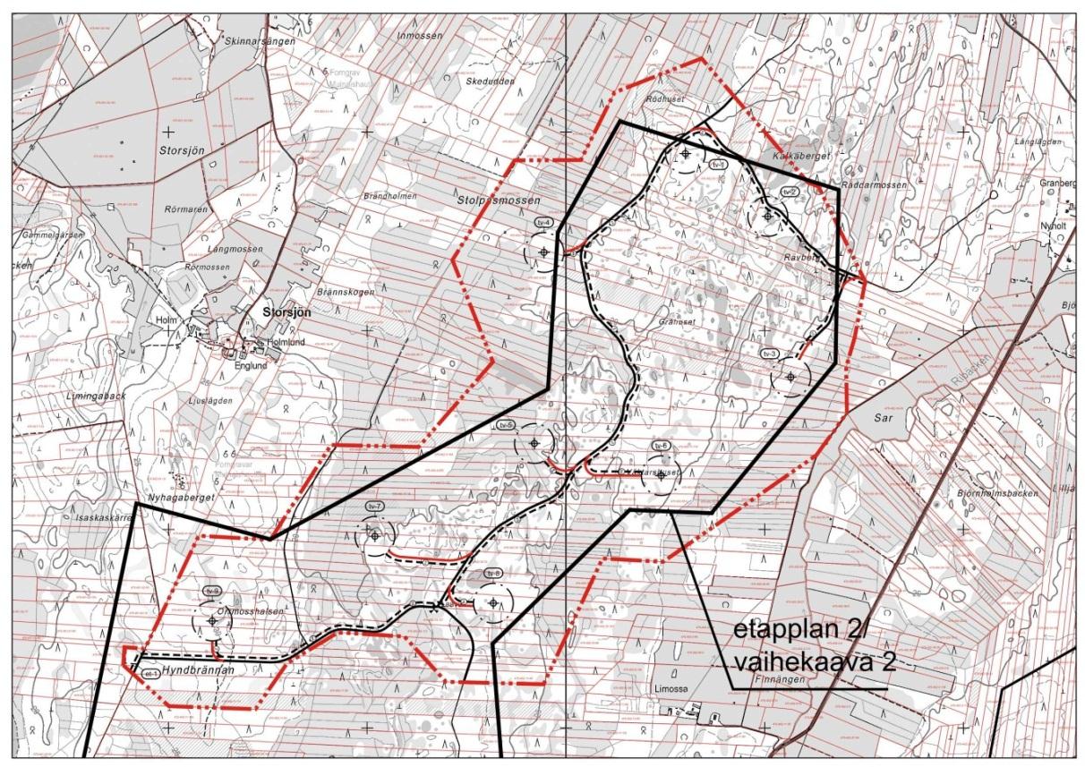 Bild 22. Vindkraftverkens positioner i förhållande till avgränsningen för etapplandskapsplan 2. Med svart färg påvisas vindkraftsområdet enligt etapplandskapsplan 2.