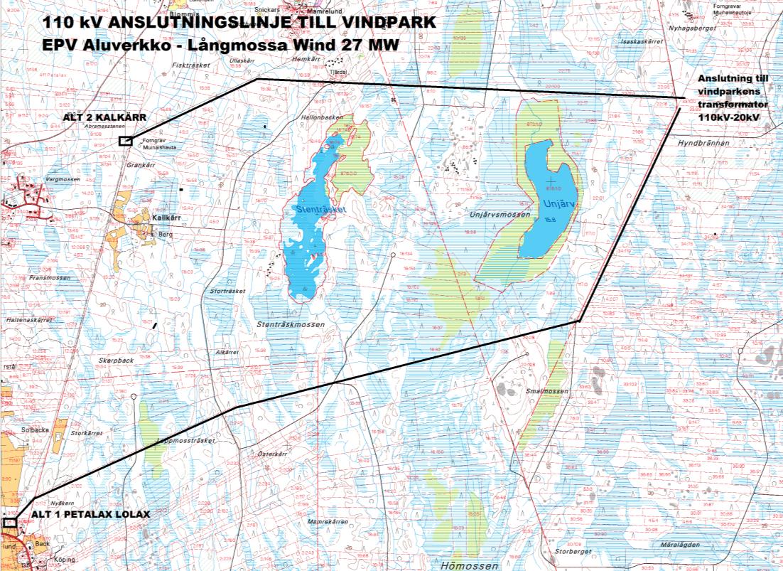 ren beaktat potentiella för- och nackdelar för två olika alternativ i planens utkastskede, se bild 23. Bild 23. Elöverföringen enligt alternativ 1 och 2.