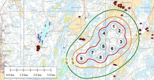 De av miljöministeriet angivna (Planering av vindkraftsutbyggnad Miljöförvaltningens anvisningar 4 sv 2012) riktvärdena och rekommendationerna för såväl buller som skuggningar uppfylls till allt