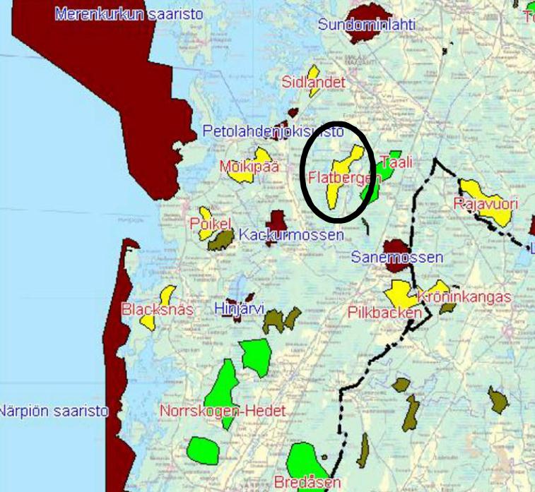 Bild 26. Flatbergens vindkraftsområde i etapplandskapsplan 2 (Källa: Ramboll 2013) För genomgående flyttfågelstråk varierar kollissionsrisken, störst är risken för tranor.