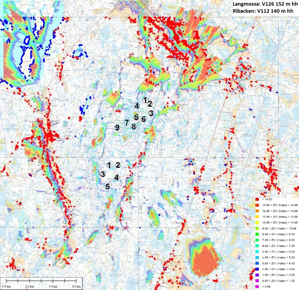 I bild 37 och 38 finns presenterad en för Långmossas område utarbetad siktanalys, som påvisar hur många vindkraftverk som är synliga från platser i närområdet.