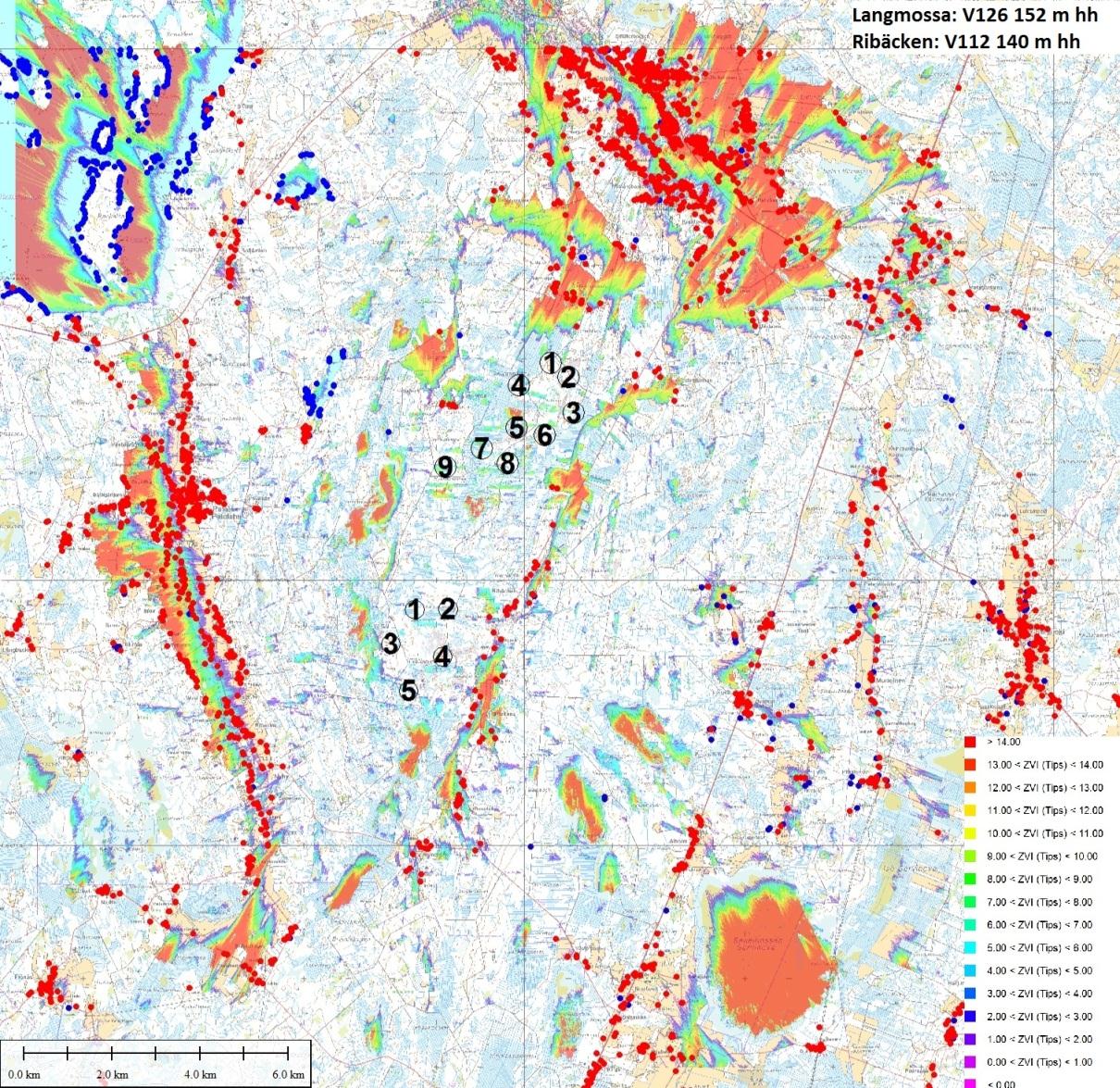 Bild 38. Siktanalysen påvisar både hur många vindkraftverk som är synliga och från vilka platser de är synliga. I bilden beaktas ett avstånd på 10 km utgående från vingspetsarnas högsta punkter.