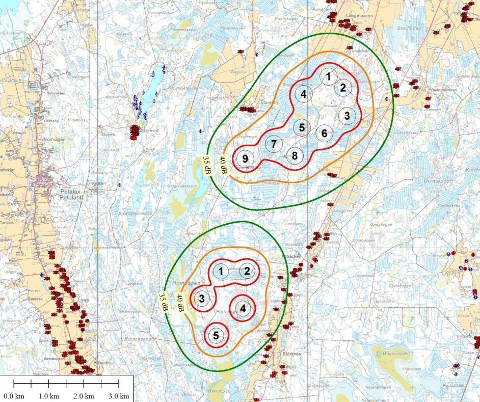 Bild 39. Gällande bullerspridningen uppnås inte samverkande effekter för Långmossa vindkraftspark och Ribäckens vindkraftspark.