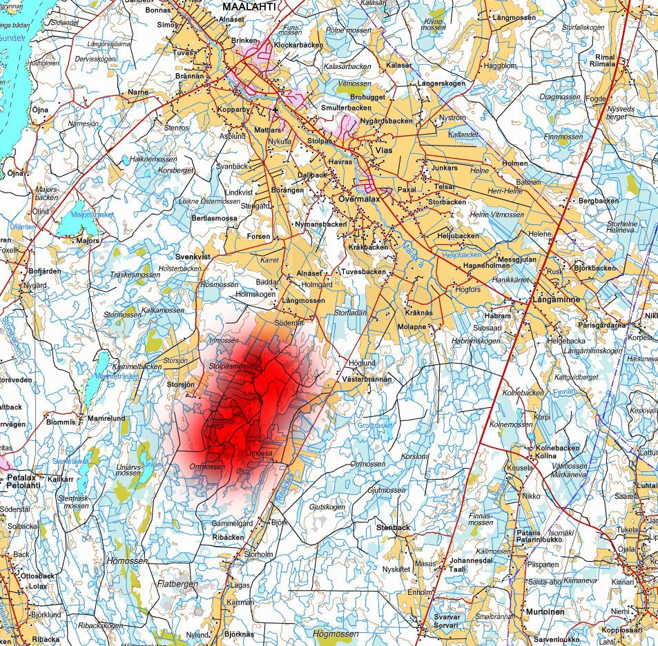 1.2 Planeområdets läge Planeringsområdet är beläget söder om Malax kommuns administrativa centrum i Köpings, på ett avstånd av ca 8 km. Avståndet till Övermalax centrum (tätort) är ungefär 6 km.