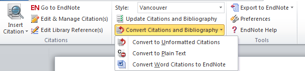 5. Det finns också möjligheter att på olika sätt komplettera citeringars utformning. Markera citeringen i texten, välj Edit & Manage Citation(s) / Edit Citation / Formatting. Man kan t.ex. ta bort författare eller årtal eller lägga till sidnummer.